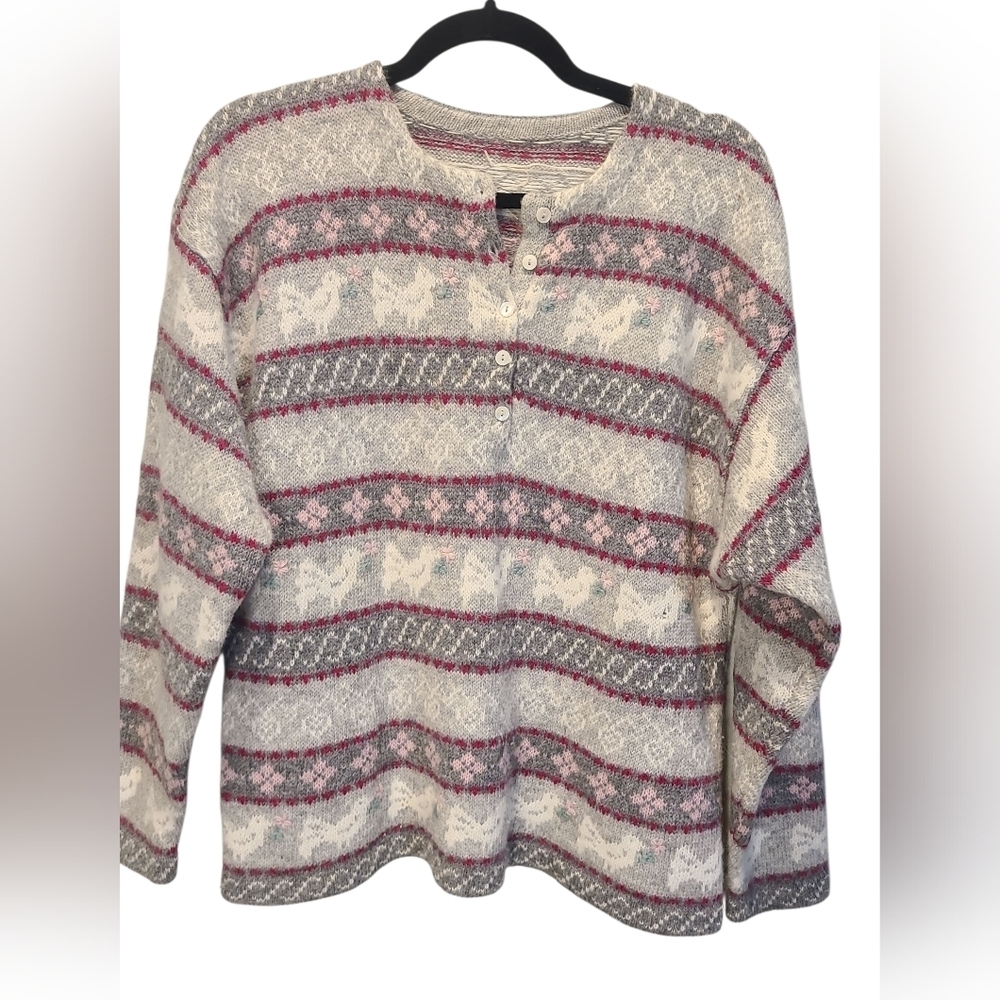 Moussie By Susan Bristol Bird Fair Isle Wool Blend Sweater Modern Size Medium